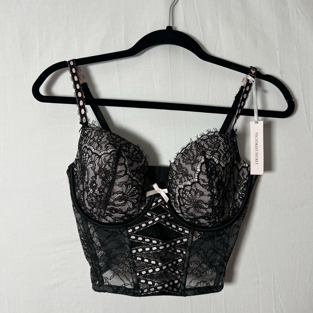 NWT-Victoria Secret Croquet Lace Babydoll Layering Pink Black Corset Sz S -DD